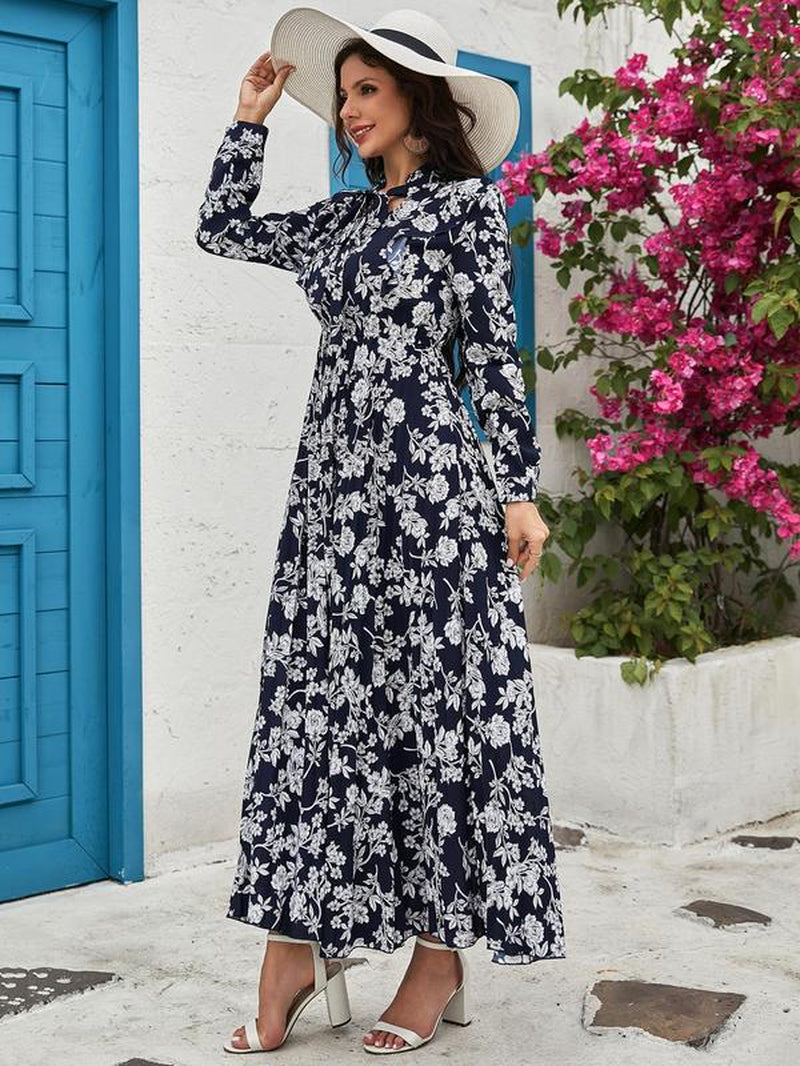 Women'S Floral Print Tie Neck Long Sleeve Vintage A-Line Dress, Summer Clothes Women, Elegant Flared Long Maxi Dresses for Spring & Fall, Women Clothing